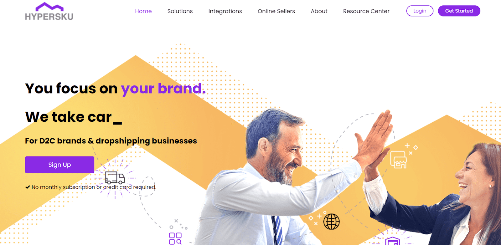 HyperSKU homepage with brand-service message, signup button, and two business people high-fiving