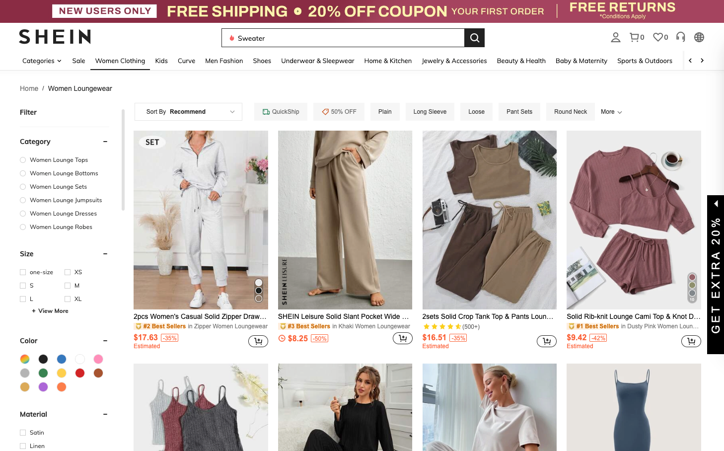 Shein loungewear and pajama listings available for product research.