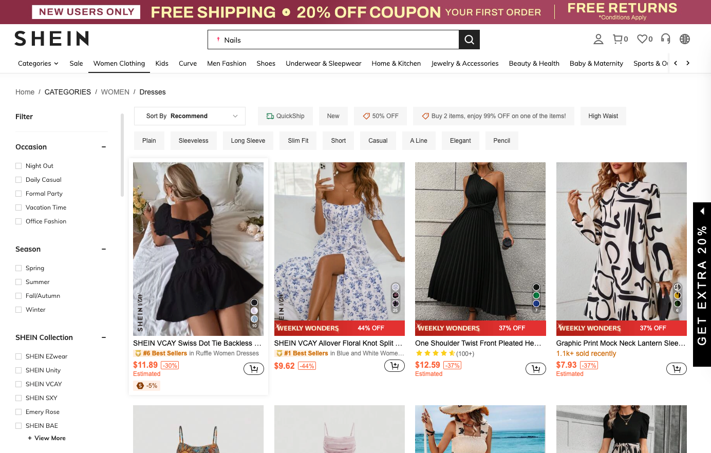 Shein women's dress listings used as product-research examples.