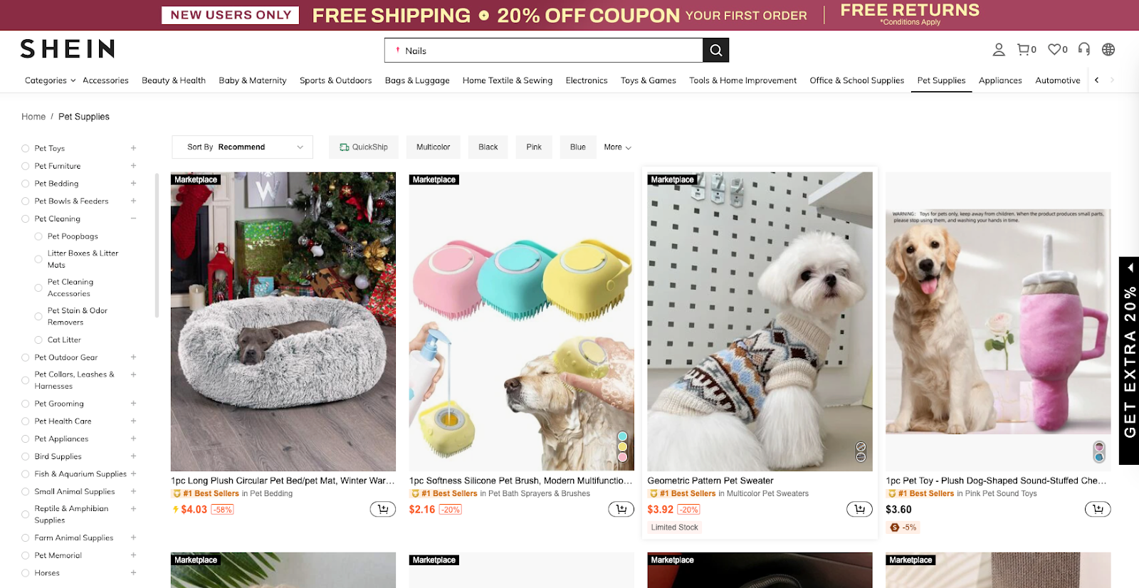 Shein pet product listings showing accessories and supplies.