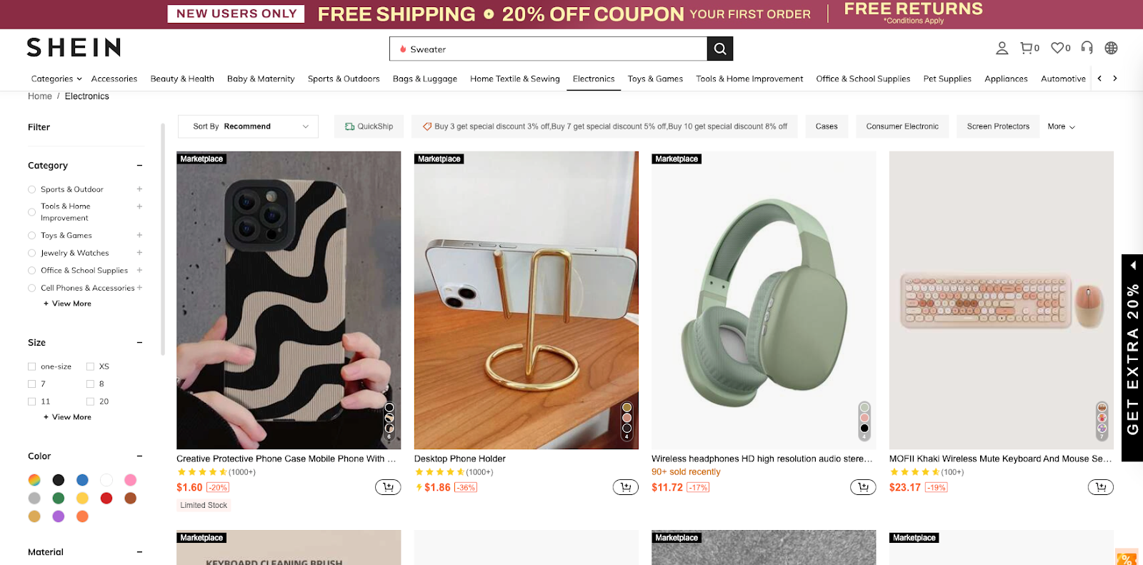 Shein electronic accessory listings used to compare low-cost product ideas.