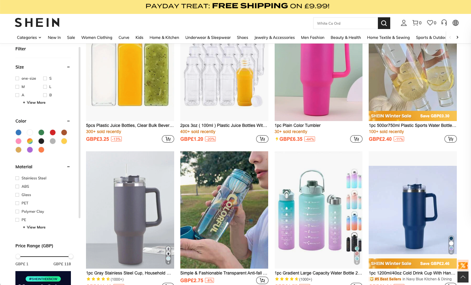 Shein water bottle listings showing several shapes and lid designs.
