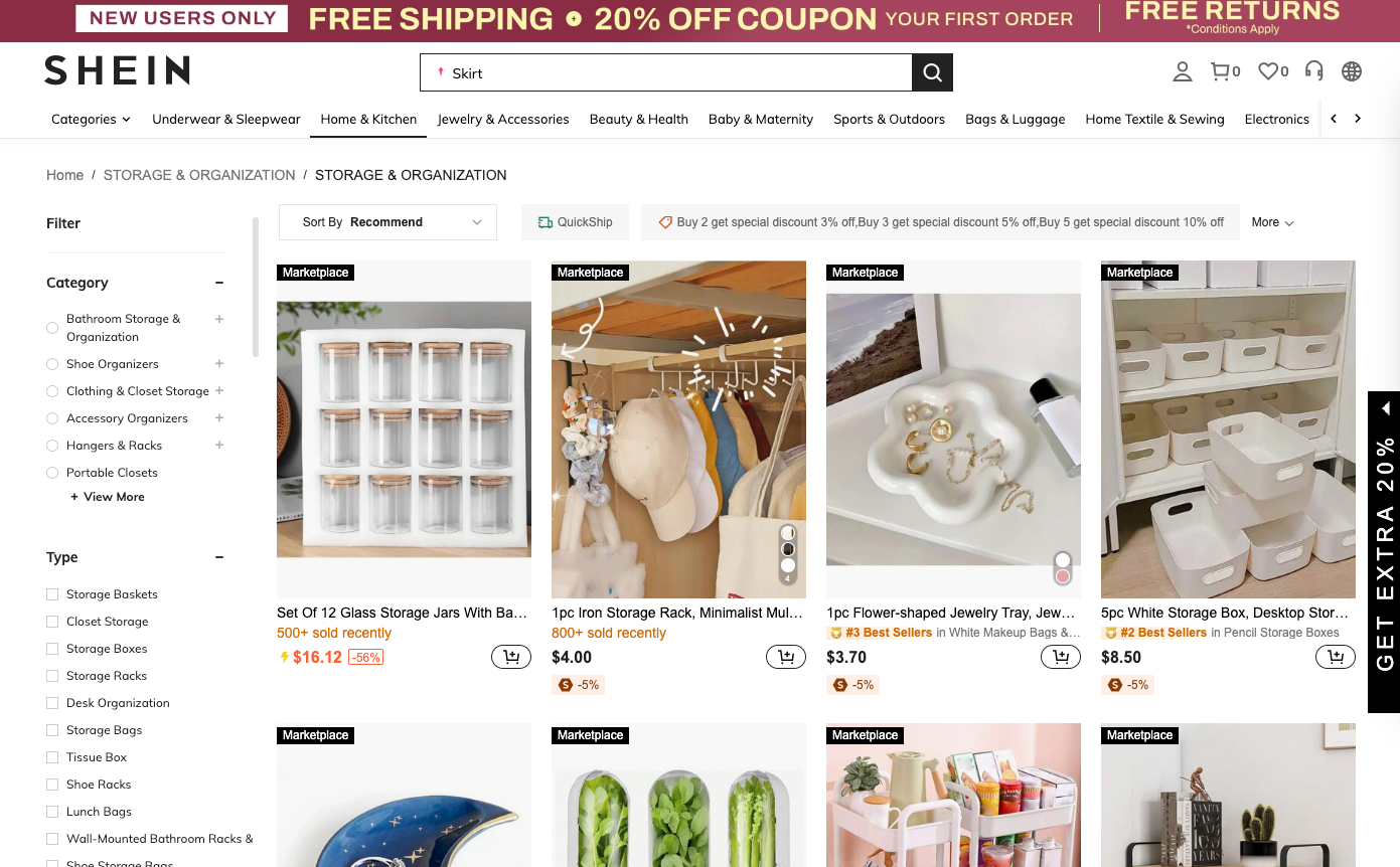 Shein storage and organization products shown in the live catalog.