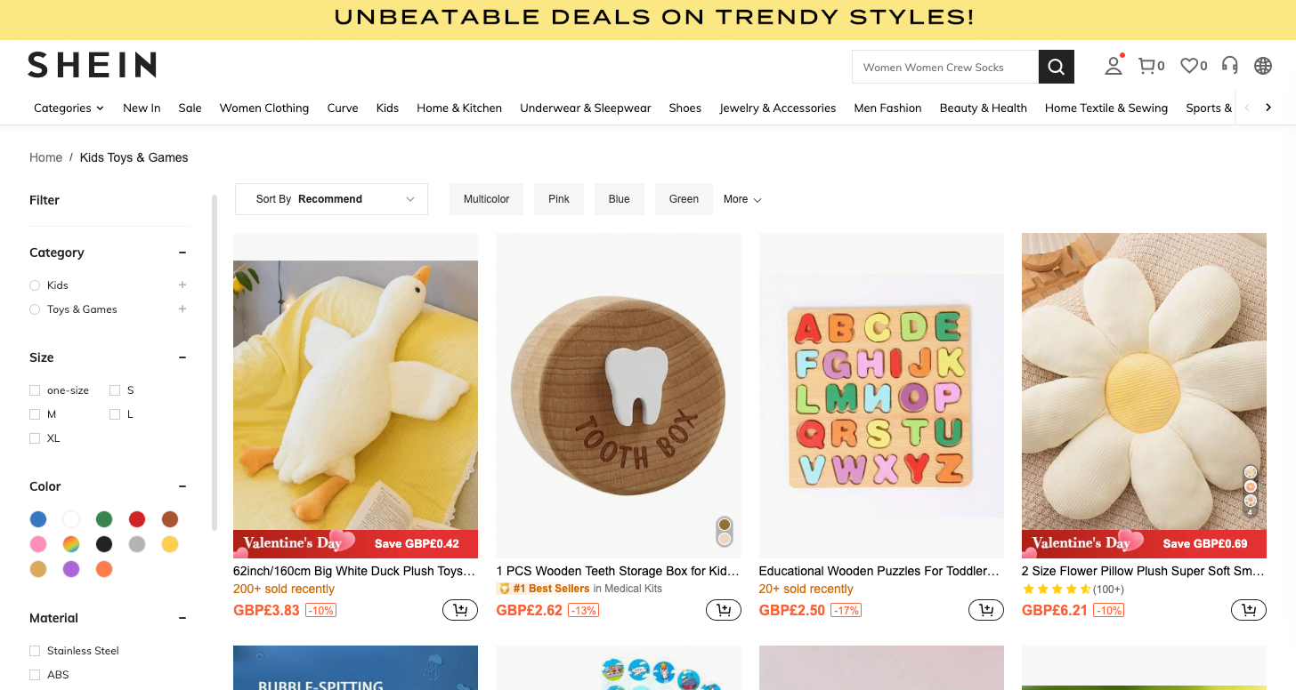 Shein children's toy listings used to illustrate a higher-compliance category.