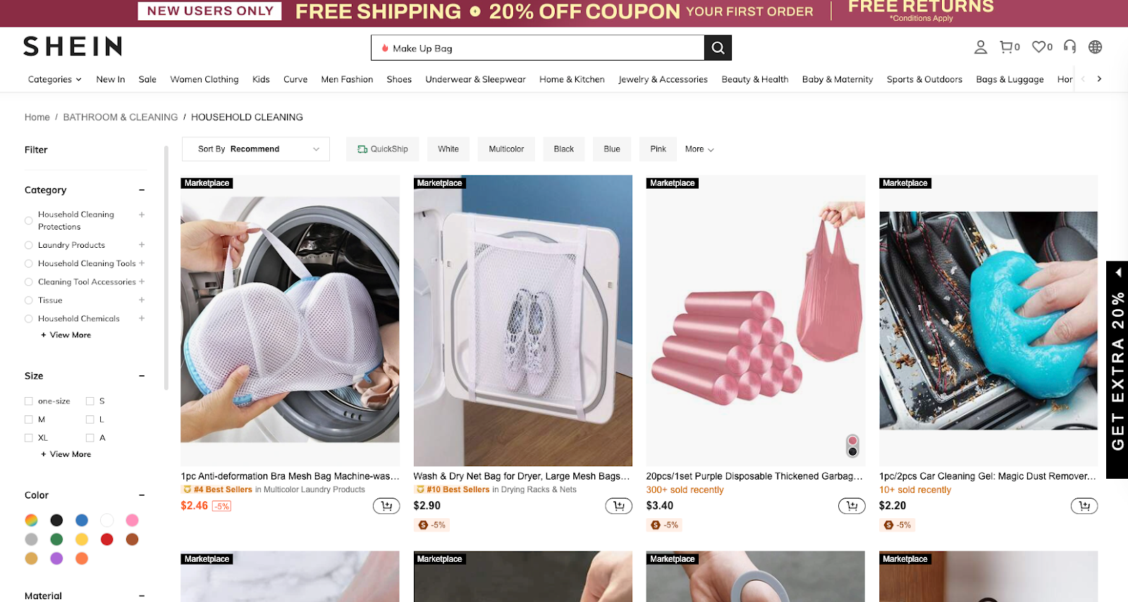 Shein household cleaning product listings showing tools and accessories.