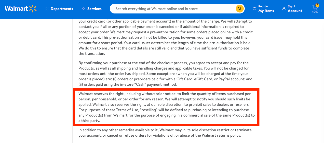 Walmart terms page highlighting purchase limits and the ban on commercial resale