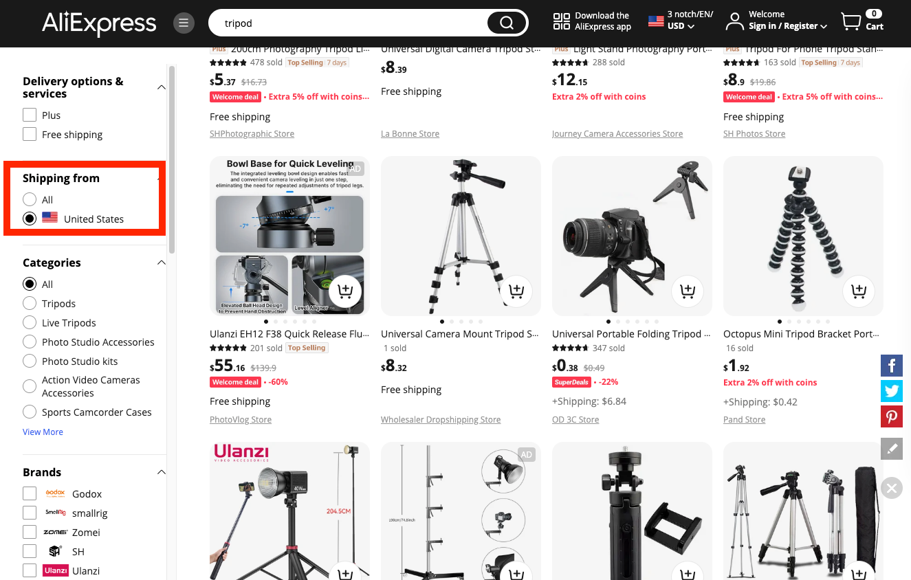 AliExpress search results filtered for products shipping from the United States