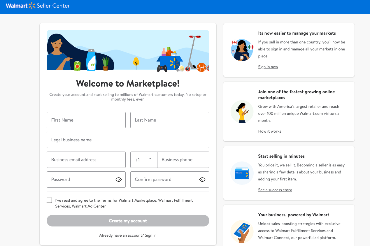 Walmart Seller Center account registration form with business information fields