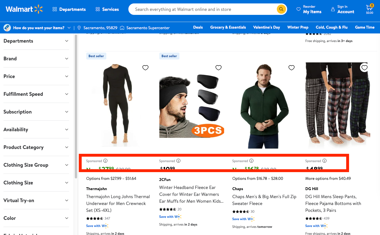 Walmart search results with listing details used to assess sponsored placement readiness