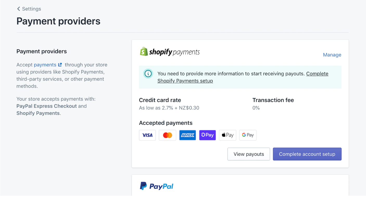 Shopify admin page for selecting payment providers