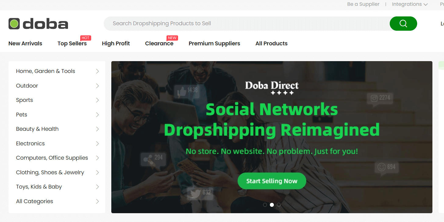 Doba marketplace homepage with product categories, search, and Premium Suppliers navigation