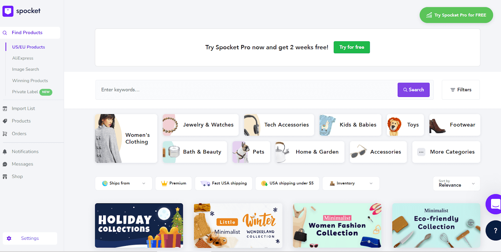 Spocket product-discovery dashboard with categories and US shipping filters