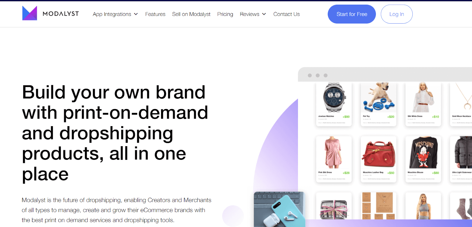 Modalyst homepage with print-on-demand and dropshipping product examples