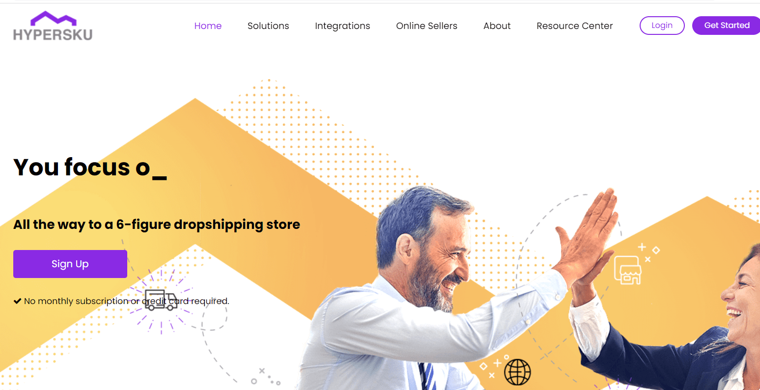 HyperSKU homepage with sourcing-service navigation and a merchant success banner