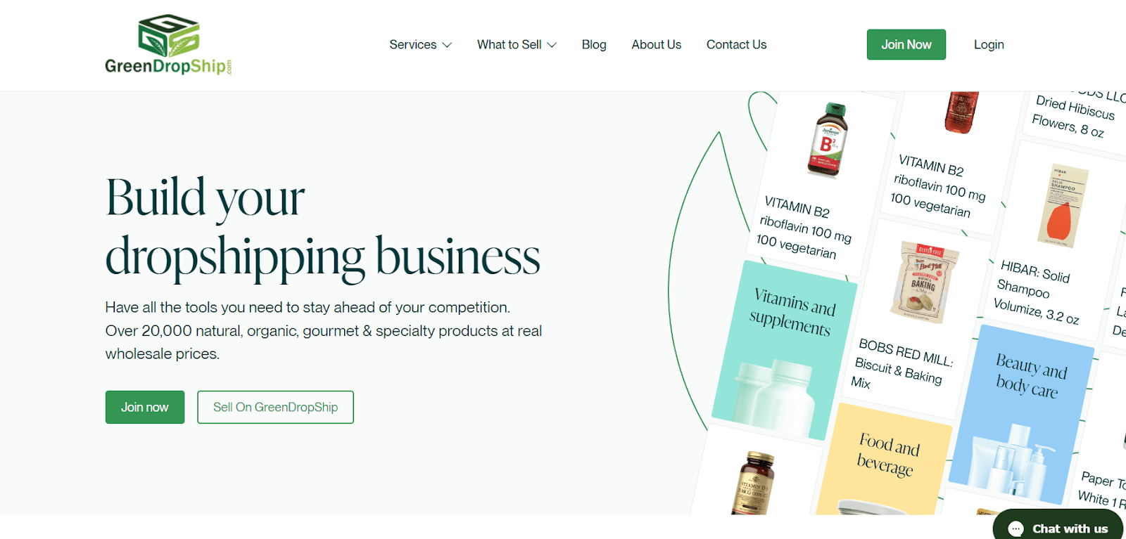 GreenDropShip homepage showing vitamins, food, beauty, and body-care product categories