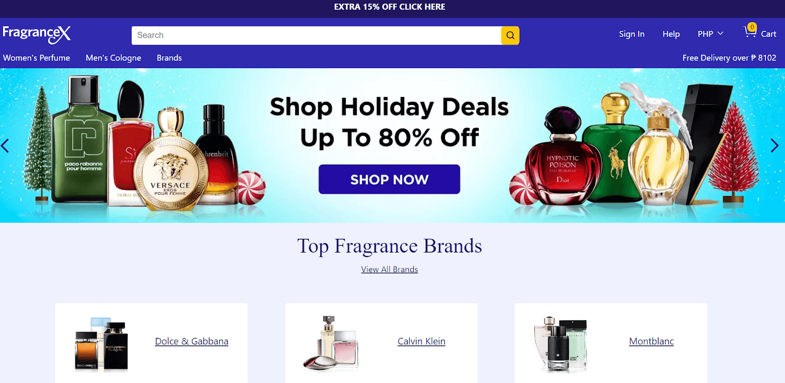 FragranceX storefront with perfume bottles and fragrance brand navigation
