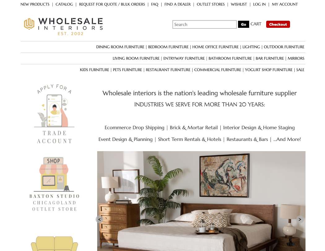 Wholesale Interiors website showing its furniture catalog and supplier information