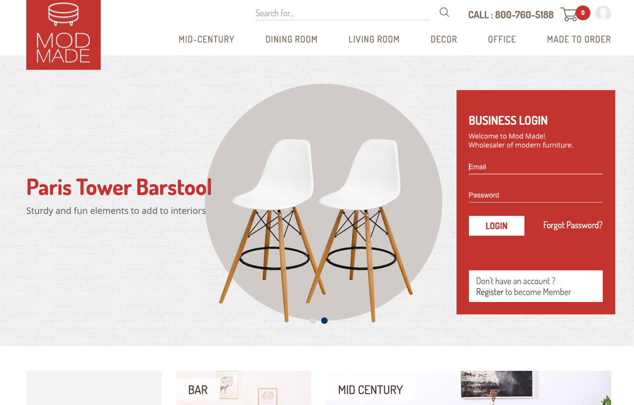 Mod Made website showing its furniture catalog and supplier information