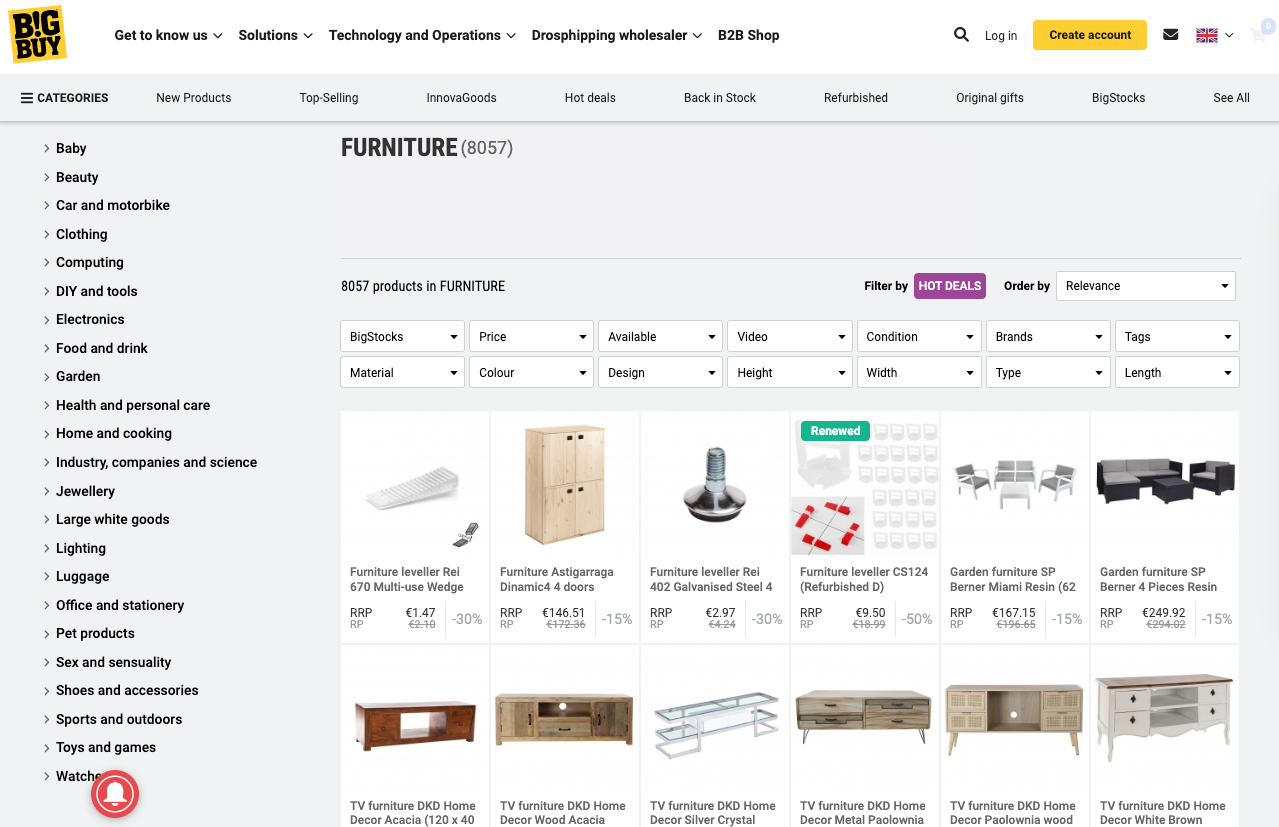 BigBuy website showing its furniture catalog and supplier information
