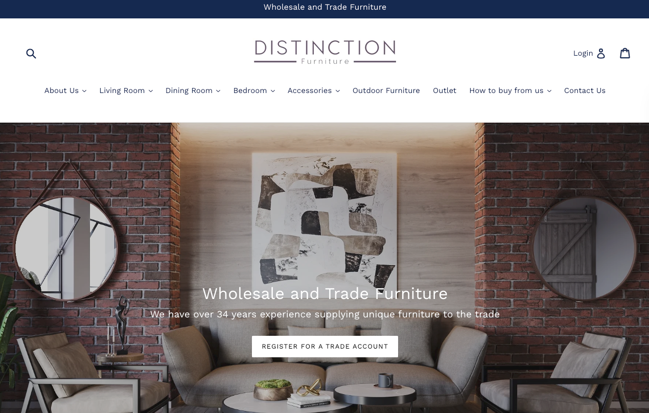 Distinction Furniture website showing its furniture catalog and supplier information