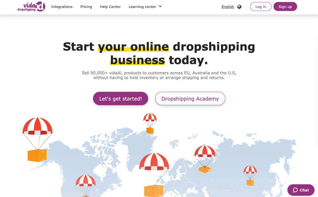 vidaXL website showing its furniture catalog and supplier information