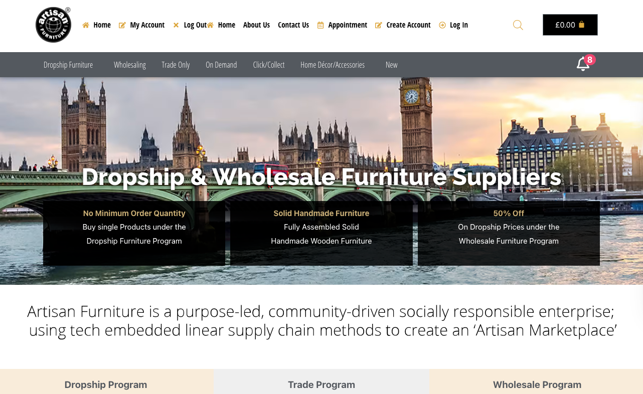Artisan Furniture website showing its furniture catalog and supplier information