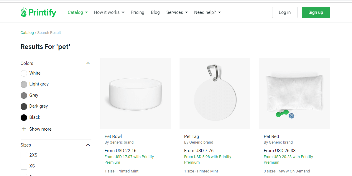 Printify pet product options showing its pet-product catalog or supplier workflow