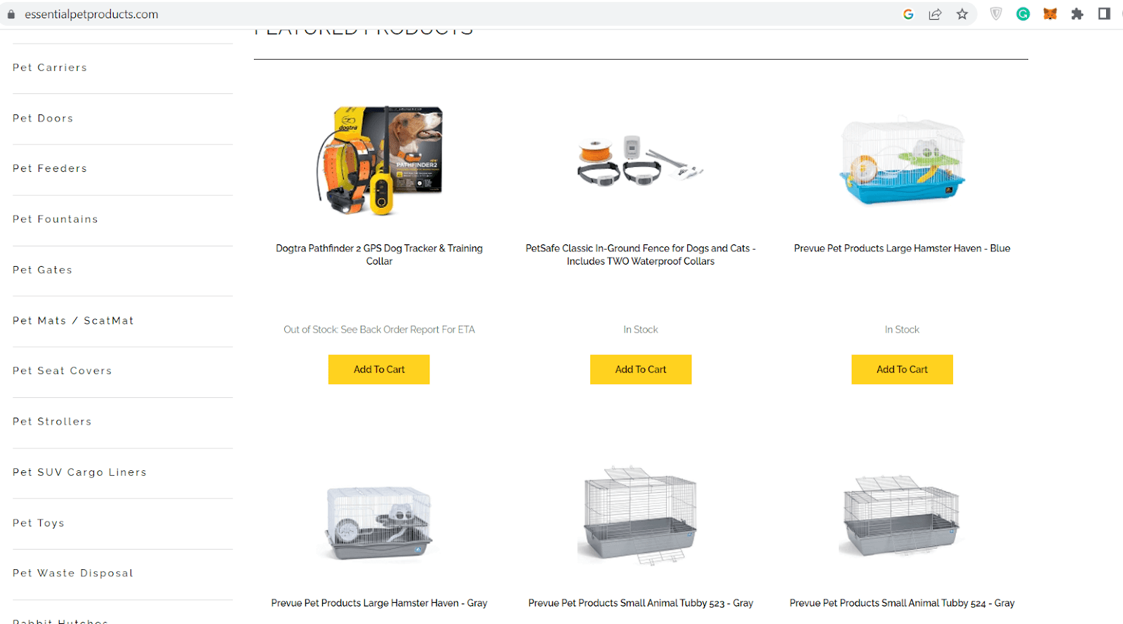 Essential Pet Products site showing its pet-product catalog or supplier workflow