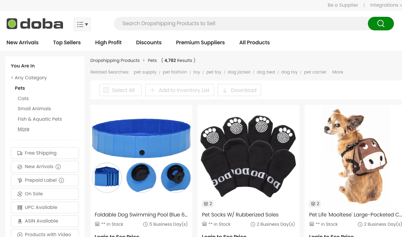 Doba pet supply catalog showing its pet-product catalog or supplier workflow