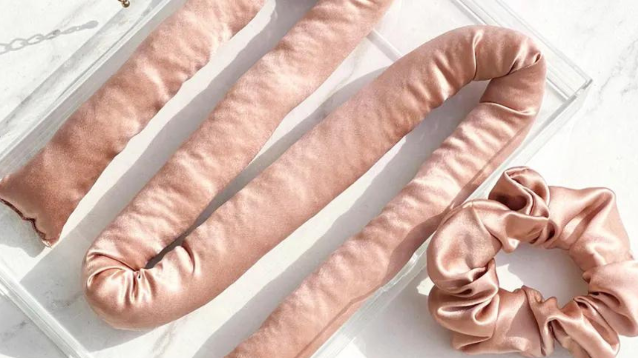 A satin heatless curling ribbon set with scrunchies