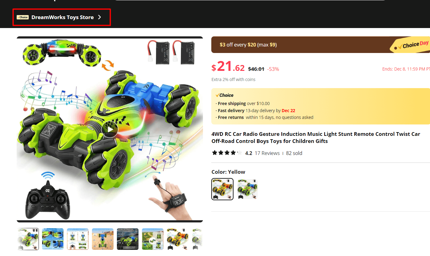 Two toy car supplier listings used to compare product cost