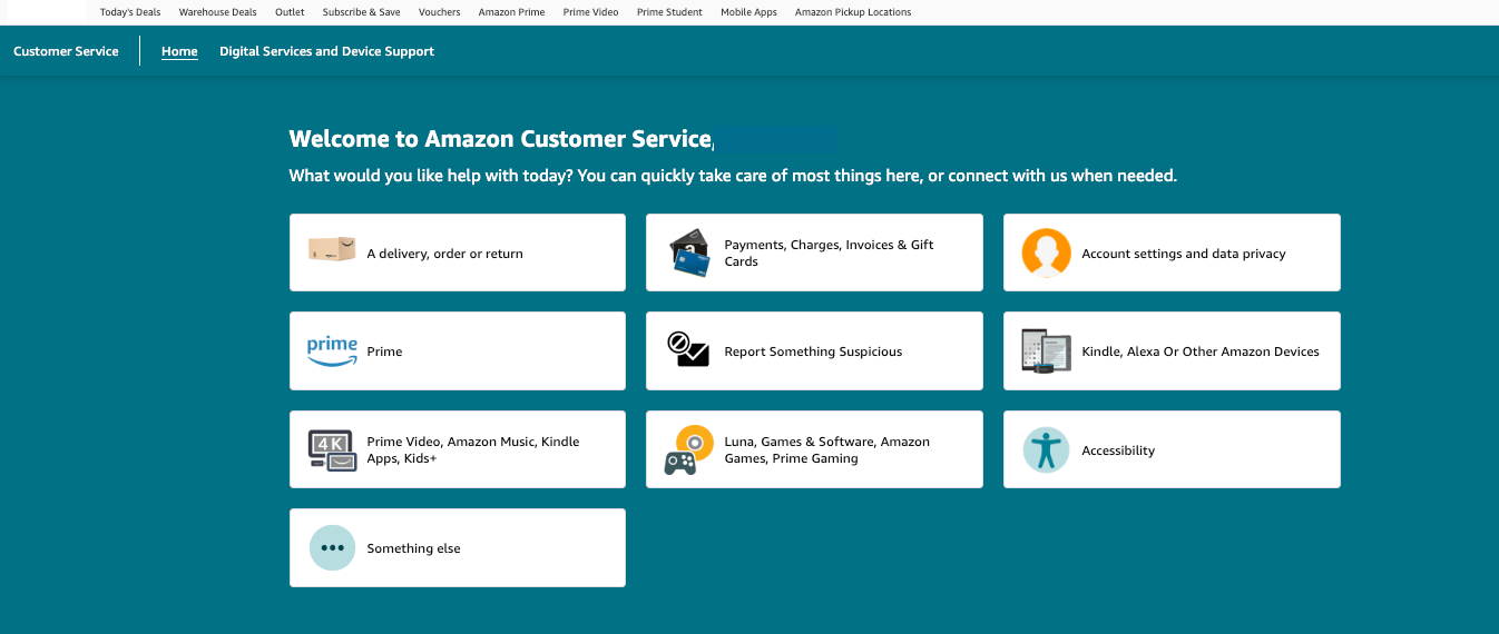 Amazon help page with visual support categories