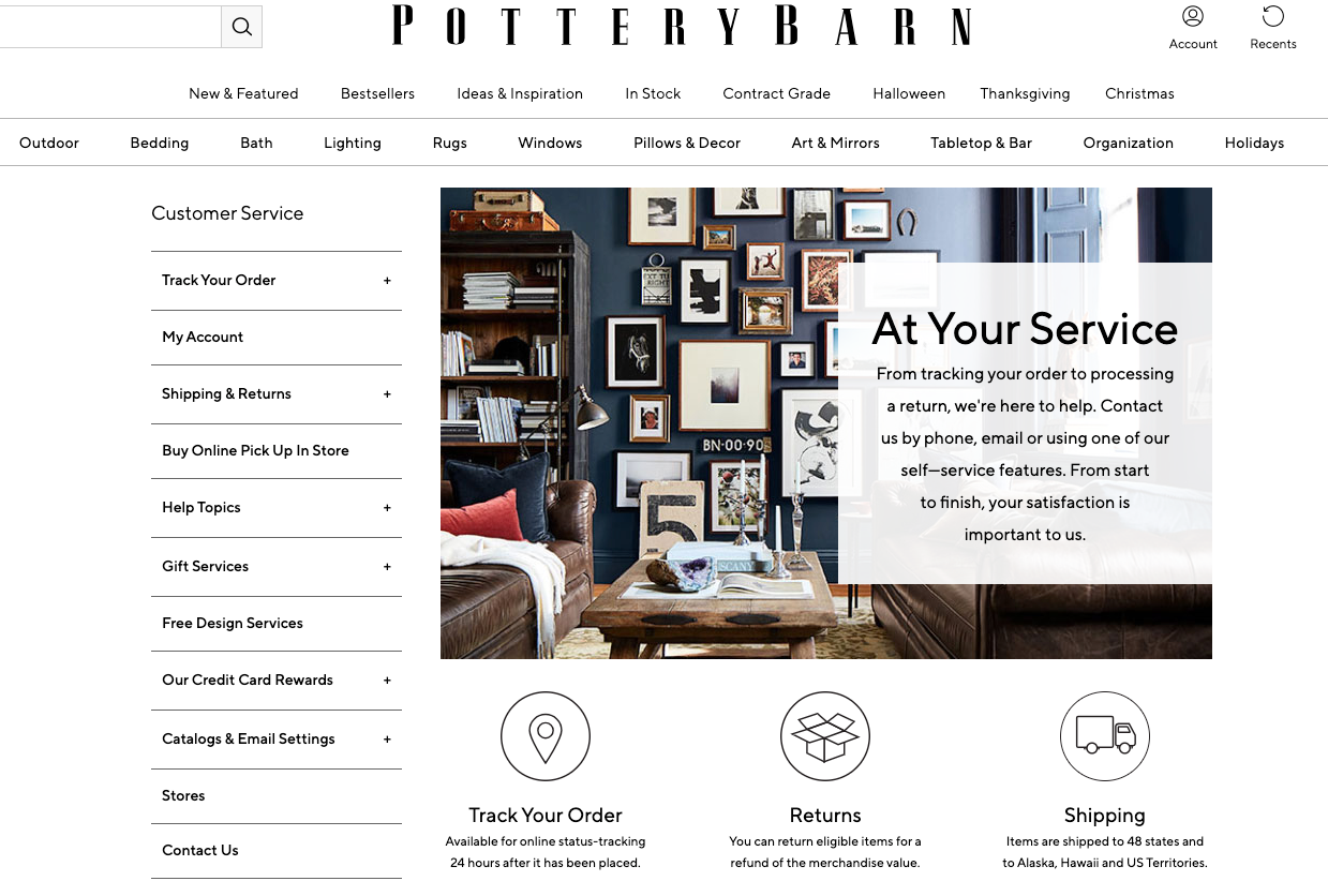 Pottery Barn customer service page with expandable navigation
