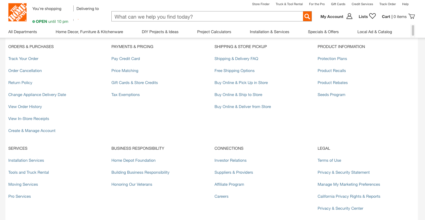 The Home Depot help center with categorized topics