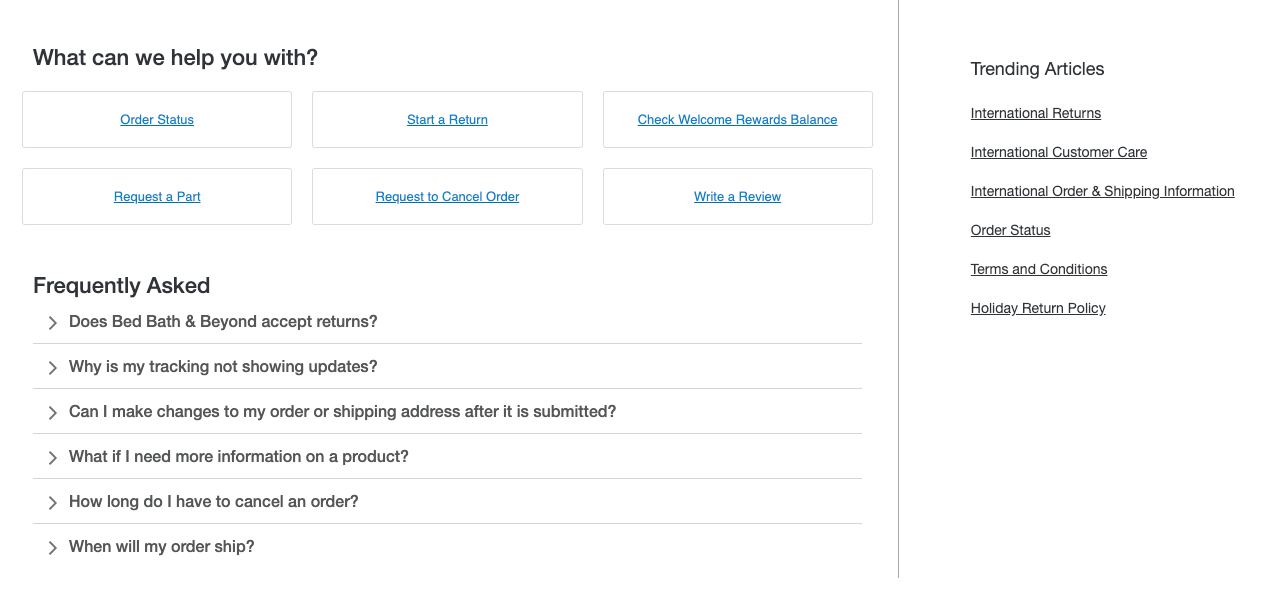 Bed Bath and Beyond help center with topic categories