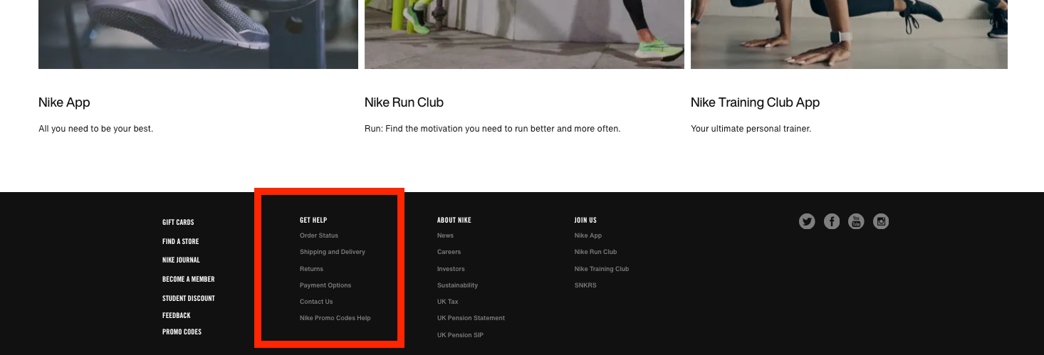 Nike help topic page with questions and search