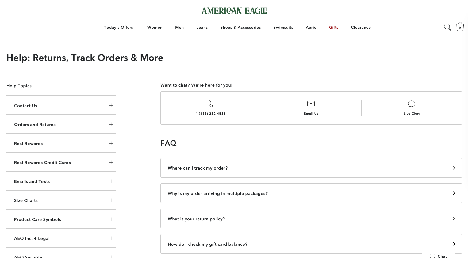 American Eagle help page with a persistent category menu