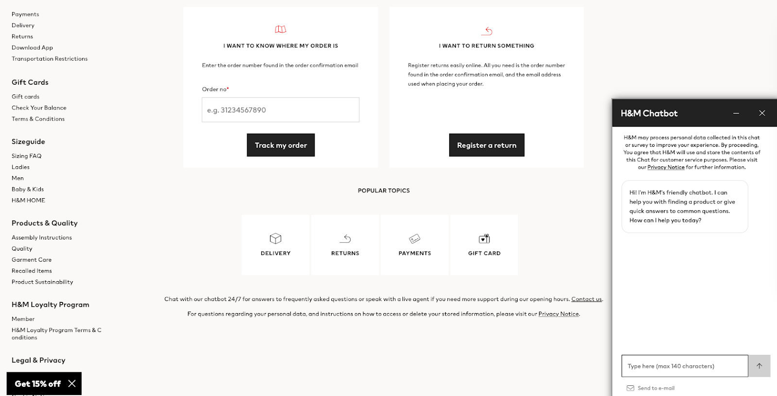 H and M help page with short answers and article links