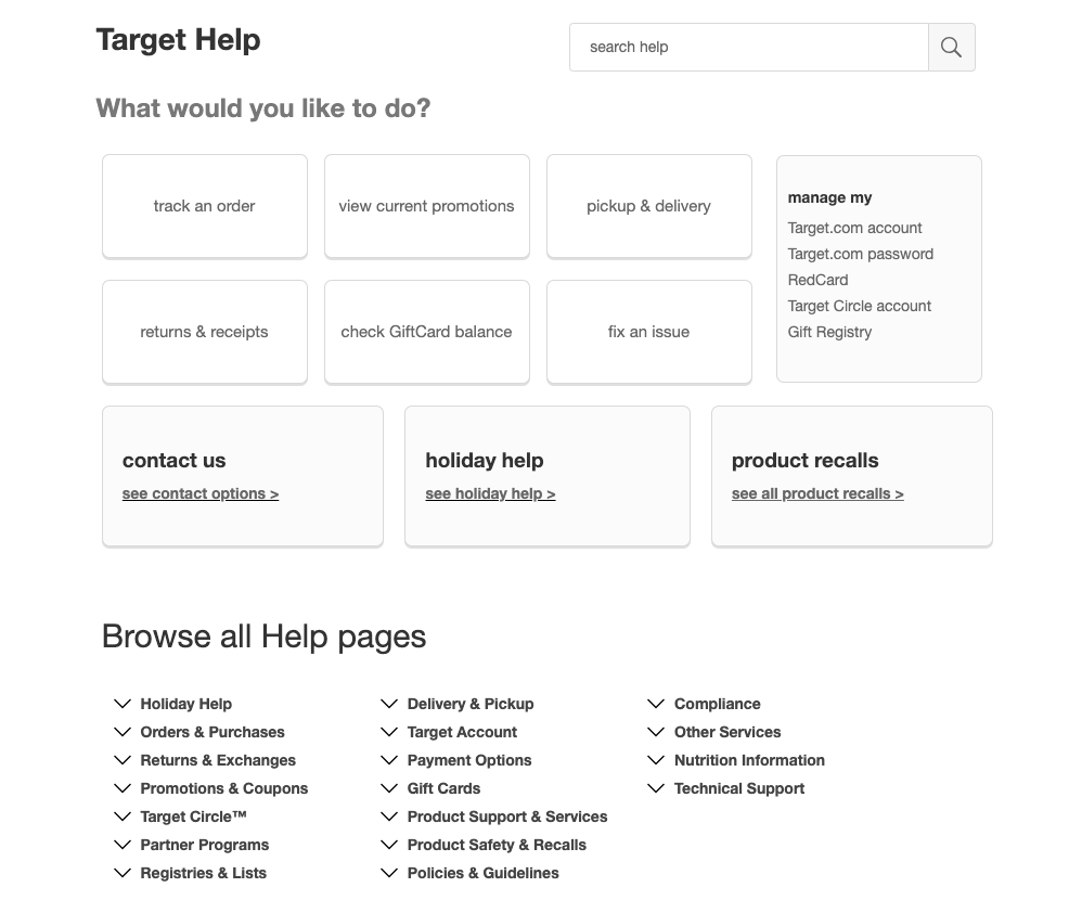 Target help page with search and large issue cards