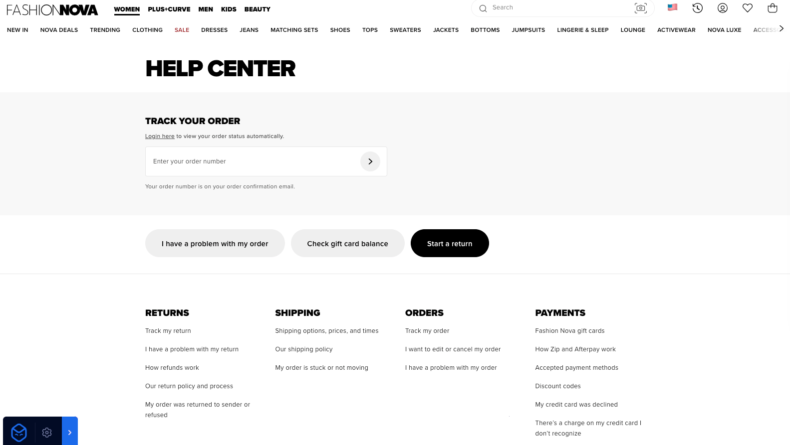 Fashion Nova help center leading with order tracking