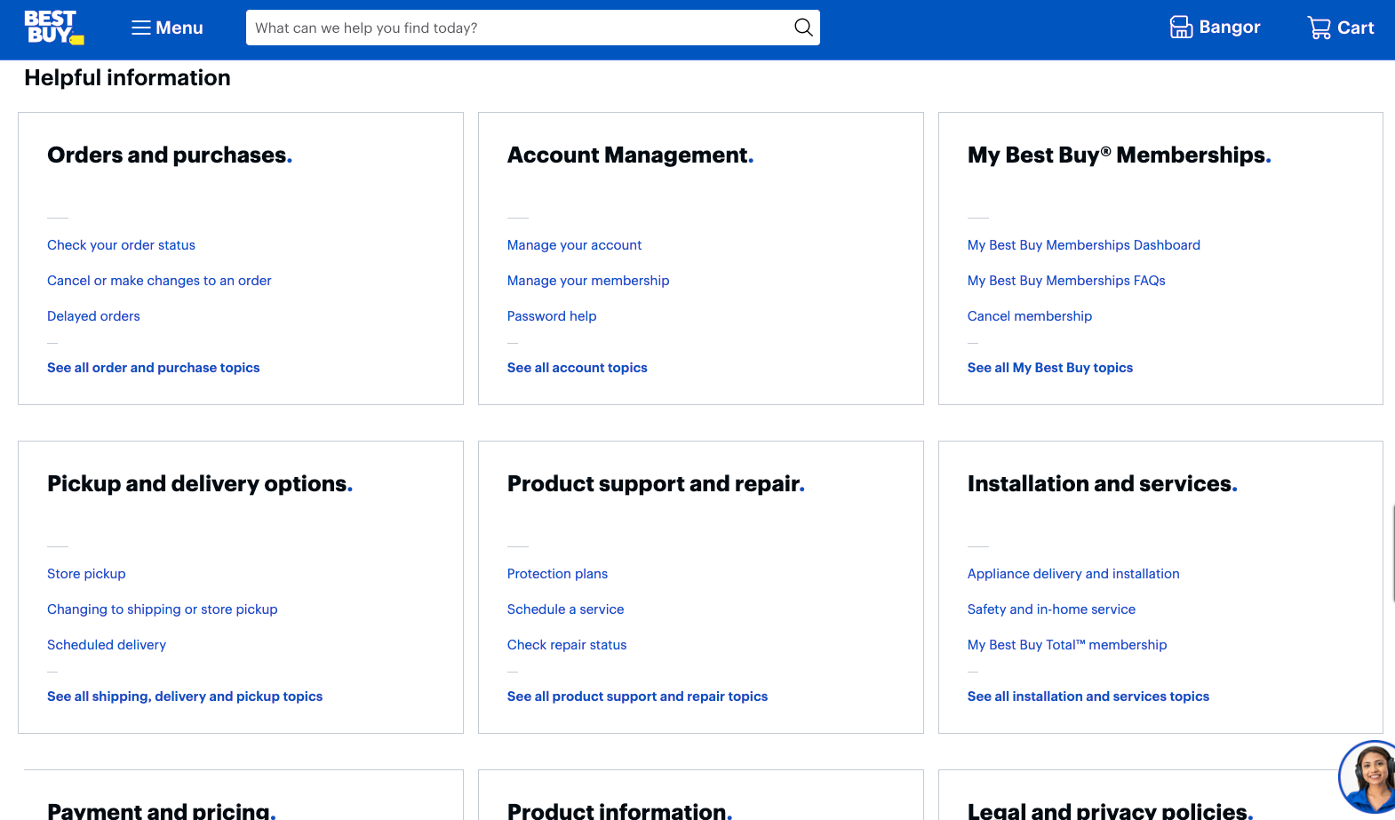Best Buy help page with grouped support questions