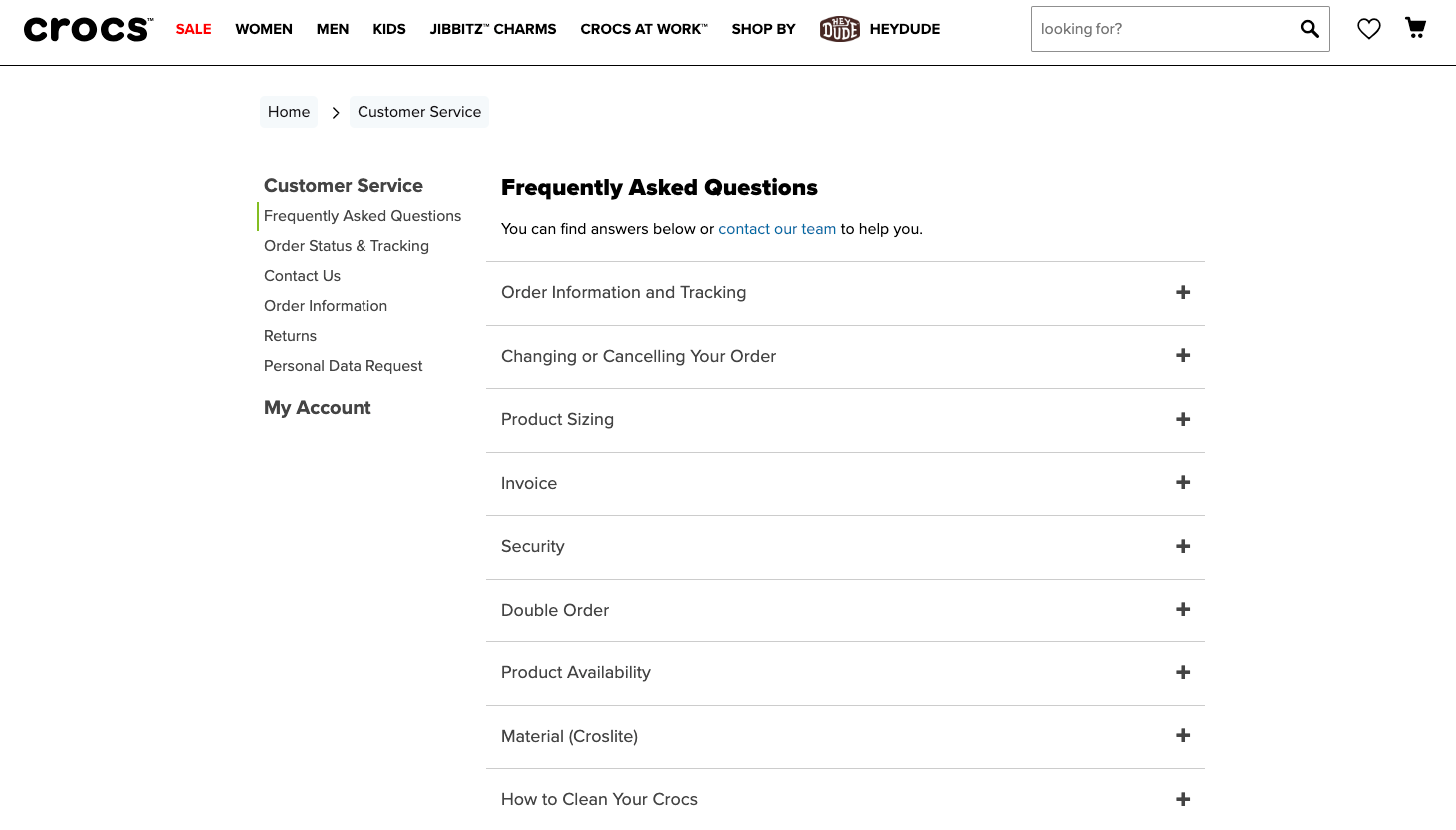 Crocs FAQ page with expandable questions
