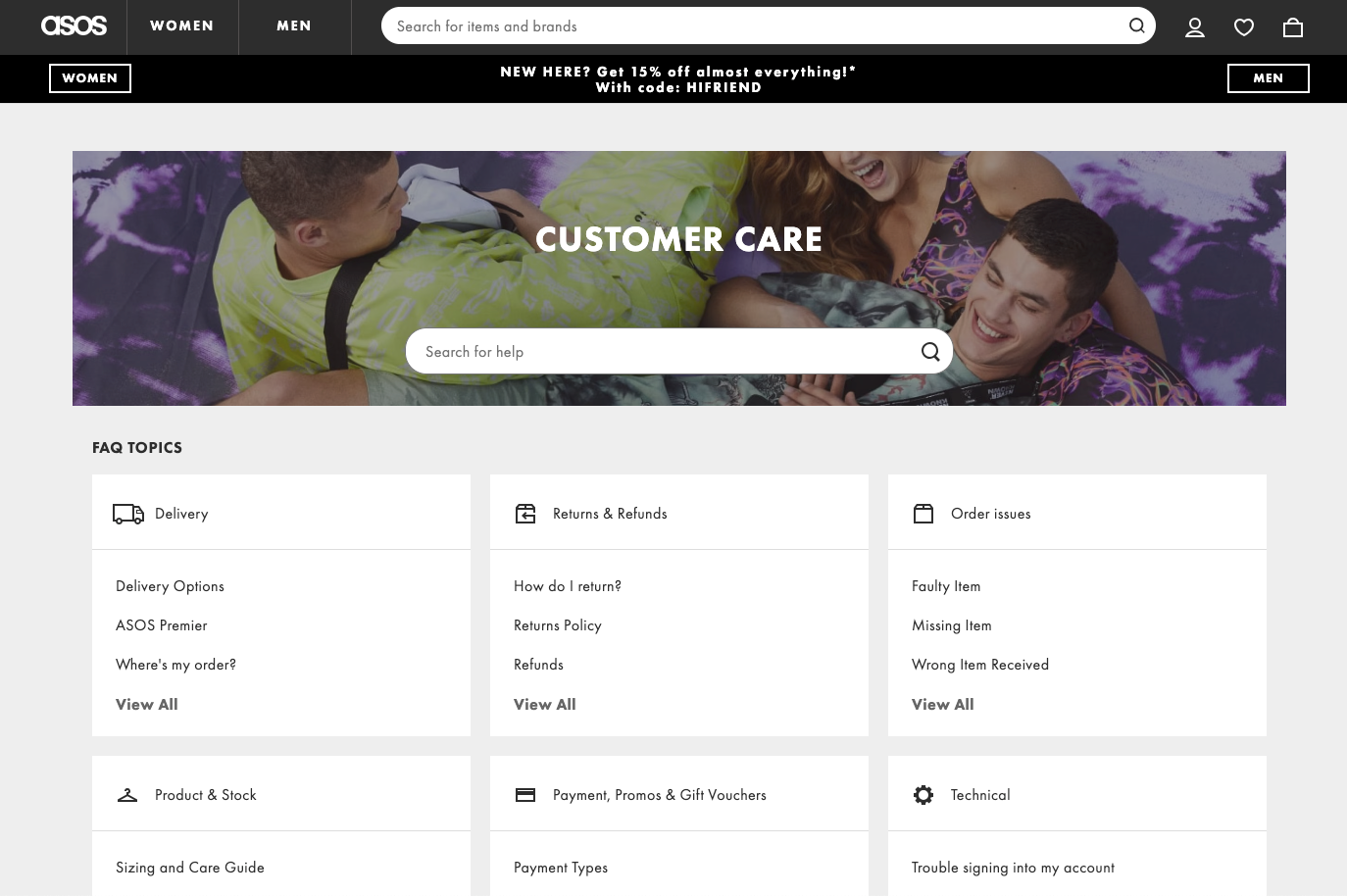 Asos customer care page with search and featured questions