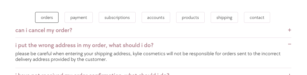 Kylie Cosmetics FAQ page with topic tabs