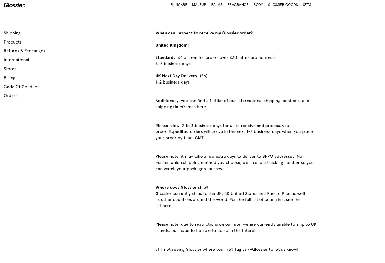 Glossier FAQ page with a topic menu and text answers
