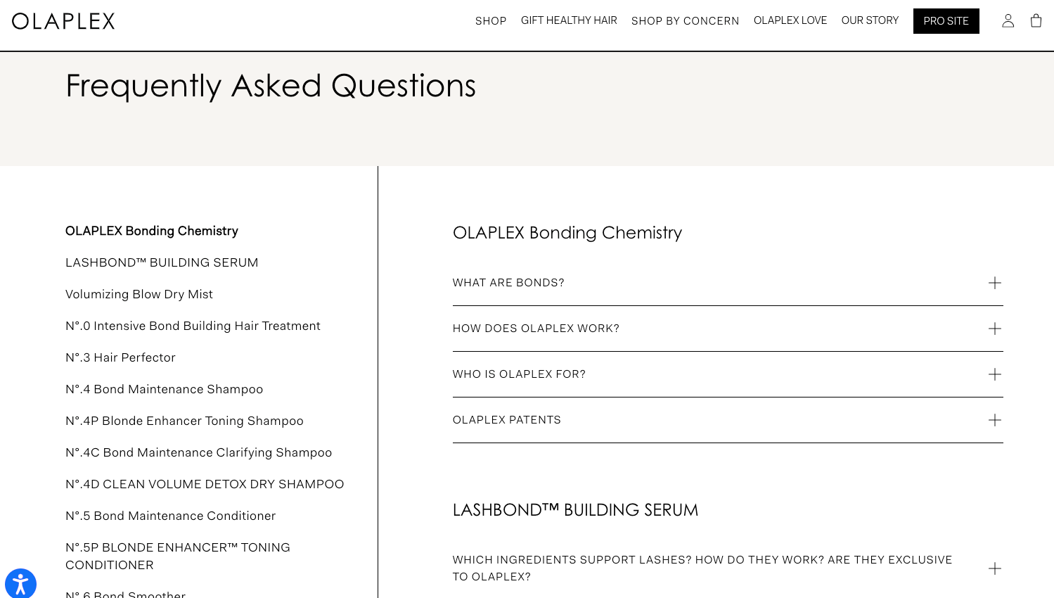 Olaplex FAQ page organized by product and topic