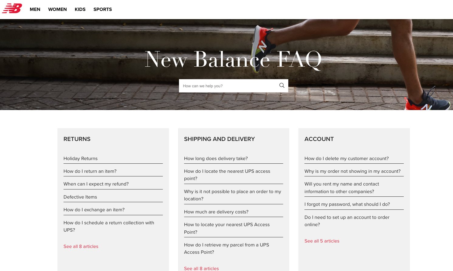 New Balance Zendesk FAQ page with four categories