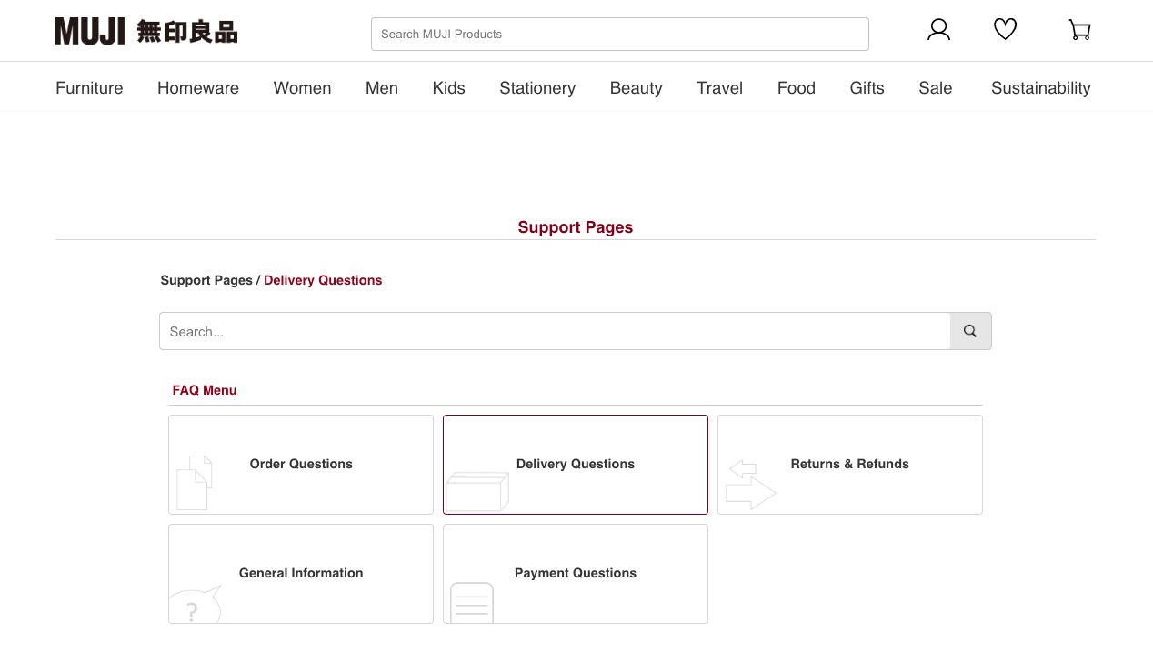 MUJI FAQ page with search and five categories