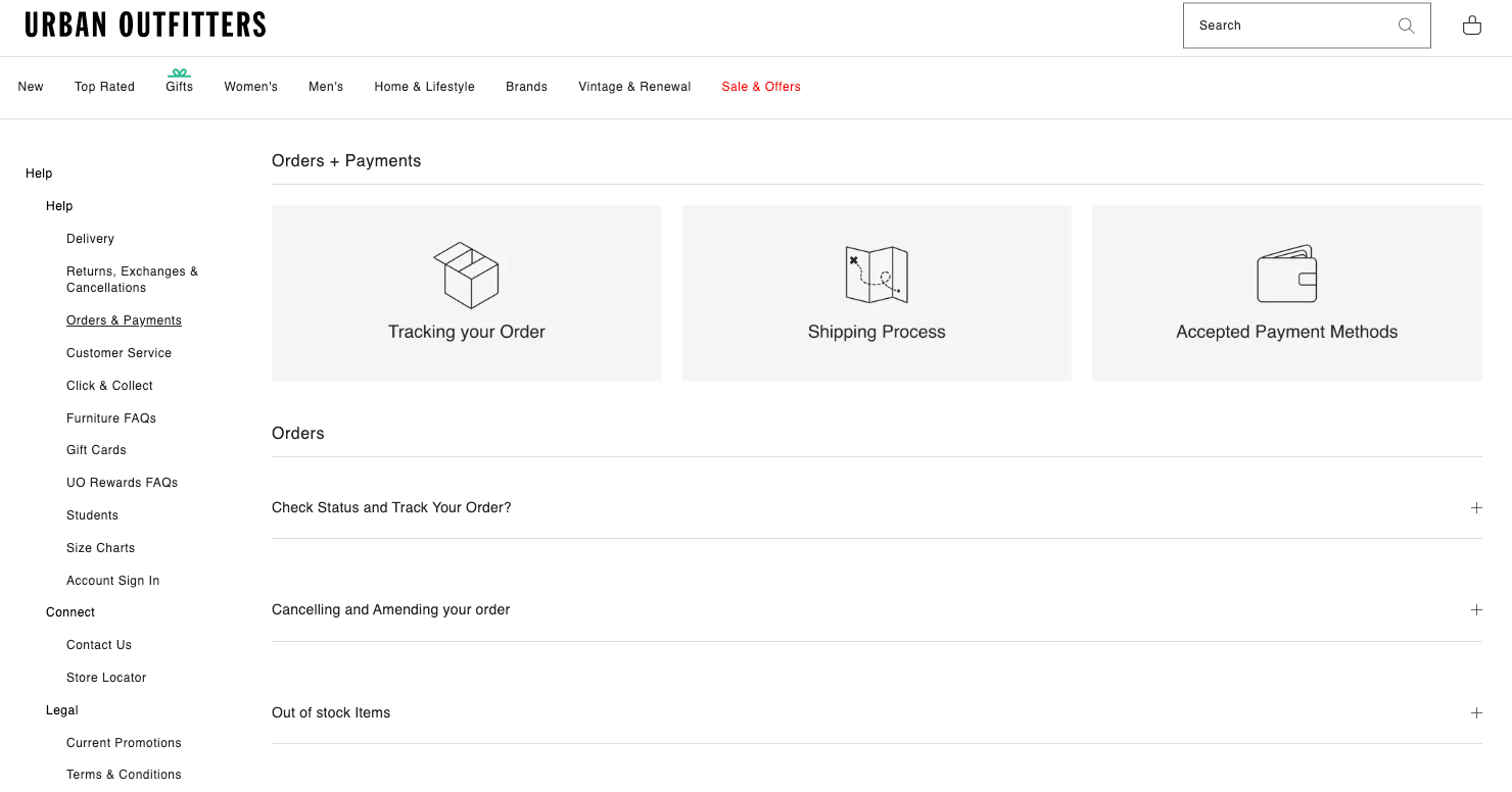 Urban Outfitters help topic with persistent navigation