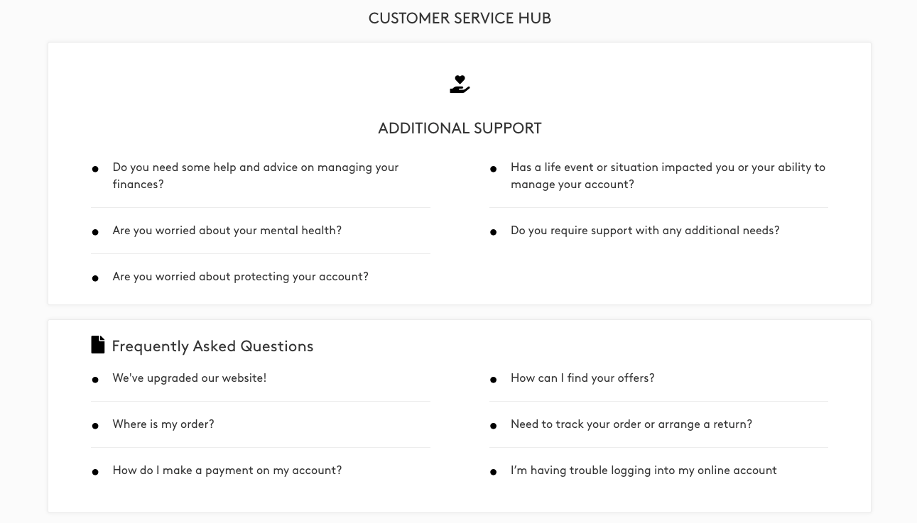 Jacamo customer service hub with search and support sections